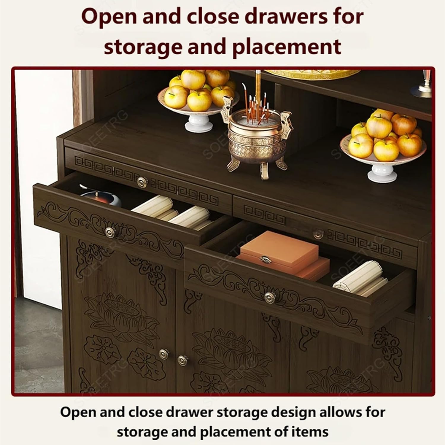 Chinese Style Wooden Prayer Altar Table with Storage Cabinet and Drawer, Buddha Shrine Display Stand, Buddhist Side Table for Living Room (Walnut-102cm)