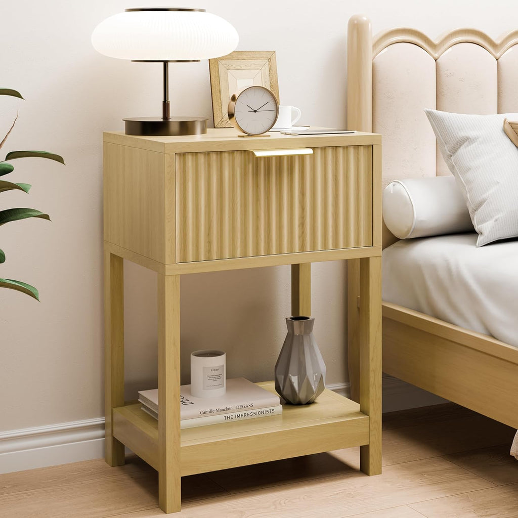 Modern Nightstand, Boho Bedside Table with Drawer and Opening Storage, Mid Century Wood End Table for Living Room Fluted Night Stand with Solid Wood Legs for Bedroom, Oak, 1pc