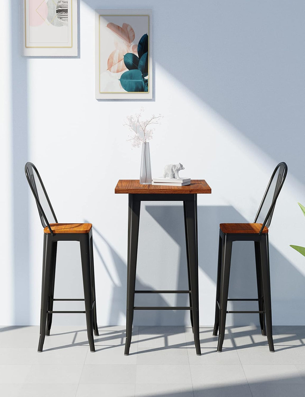 Aiho Bar Stools 30” Dining Chairs Outdoor Patio Bistro Set of 2 Metal Height Bar Stools with Wood Seat and Removable Backrest, Gloss Black