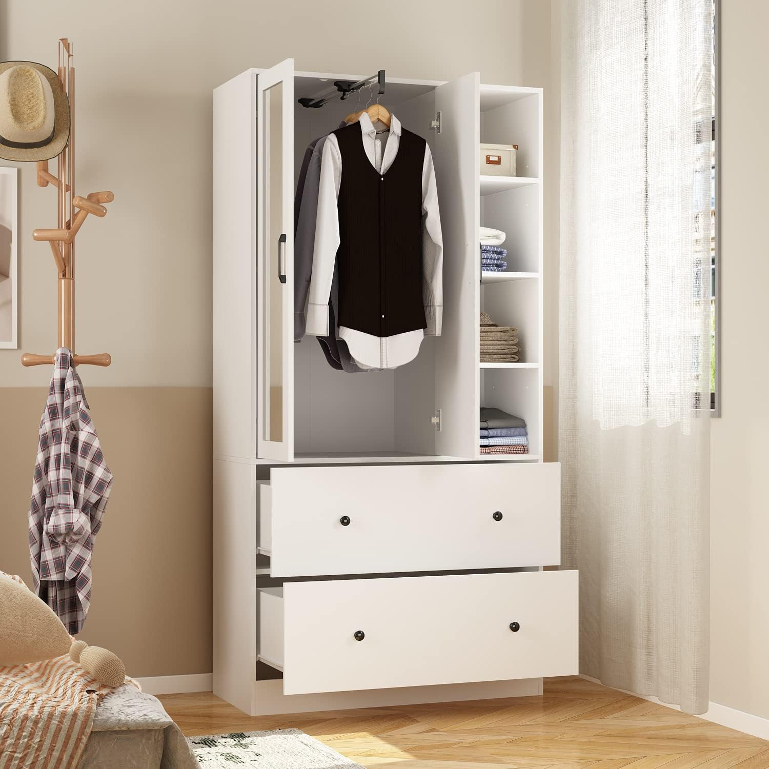 Wardrobe Armoire Closet with Mirror, 2 Door Wardrobe Cabinet with 2 Drawer & Extendable Hanging Rod, Bedroom Armoire Cabinet Clothing Organizer, Type A White (35.5" W x 15.8" D x 70.8" H)