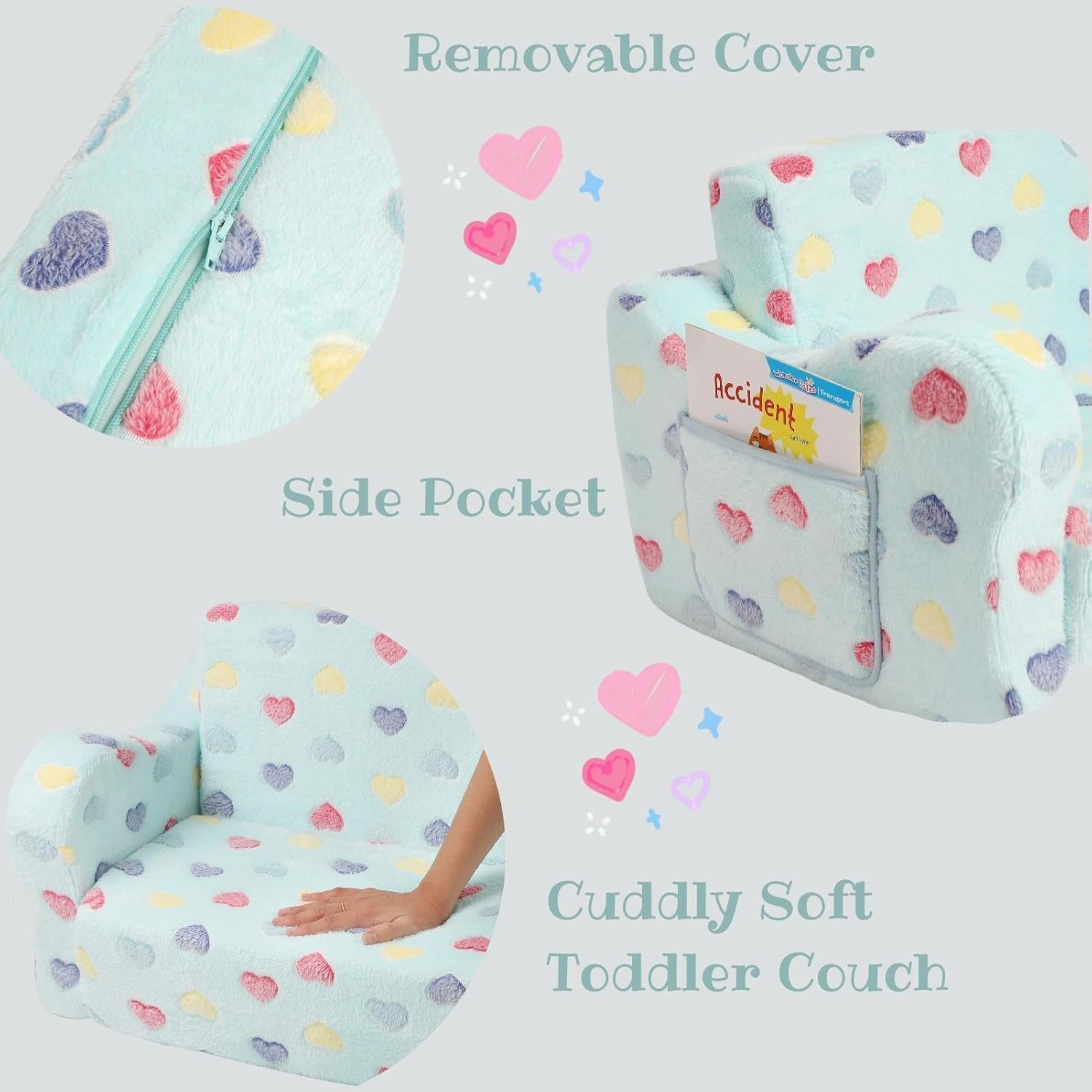 MOMCAYWEX Toddler Couch, 2-in-1 Kids Soft Couch Fold Out with Star Pillow, Foldable Sofa to Lounger, Medium, Colorful Heart
