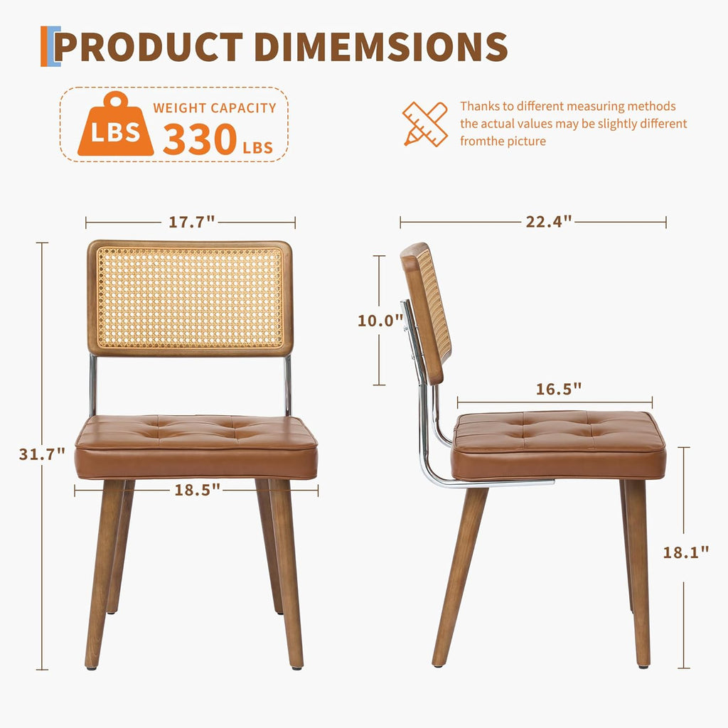GarveeHome Natural Rattan Dining Chairs Set of 2, PU Upholstered Kitchen Chairs with Tall Cane Backrest and Strong Wood Legs for Dining Room, Kitchen, Restaurant, Brown
