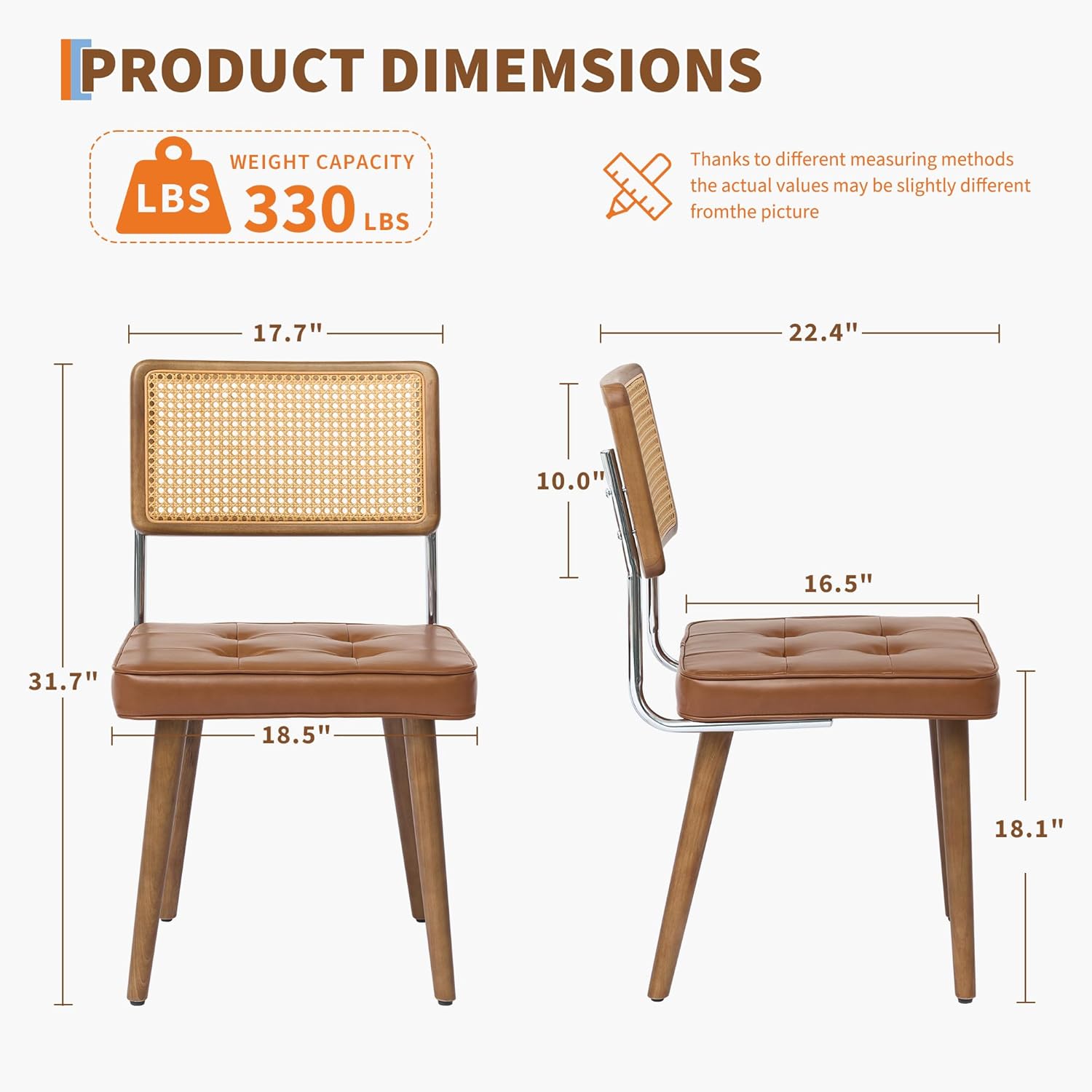GarveeHome Natural Rattan Dining Chairs Set of 2, PU Upholstered Kitchen Chairs with Tall Cane Backrest and Strong Wood Legs for Dining Room, Kitchen, Restaurant, Brown