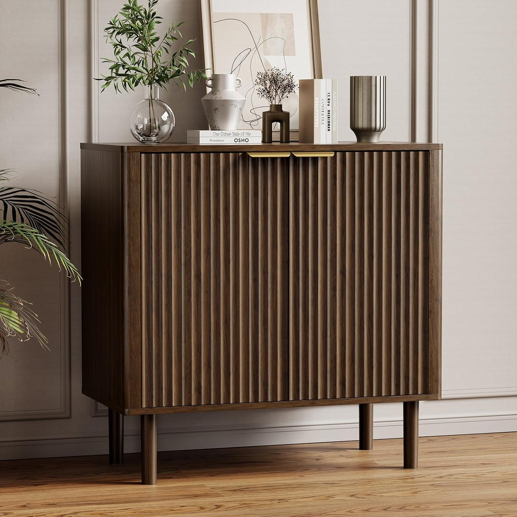 IKALIFE Sideboard Buffet Cabinet with Storage 31.5" Walnut | Modern Fluted Accent Credenza with Doors, Wood Coffee Bar Console Table for Living Room, Dining Room, Kitchen or Entryway