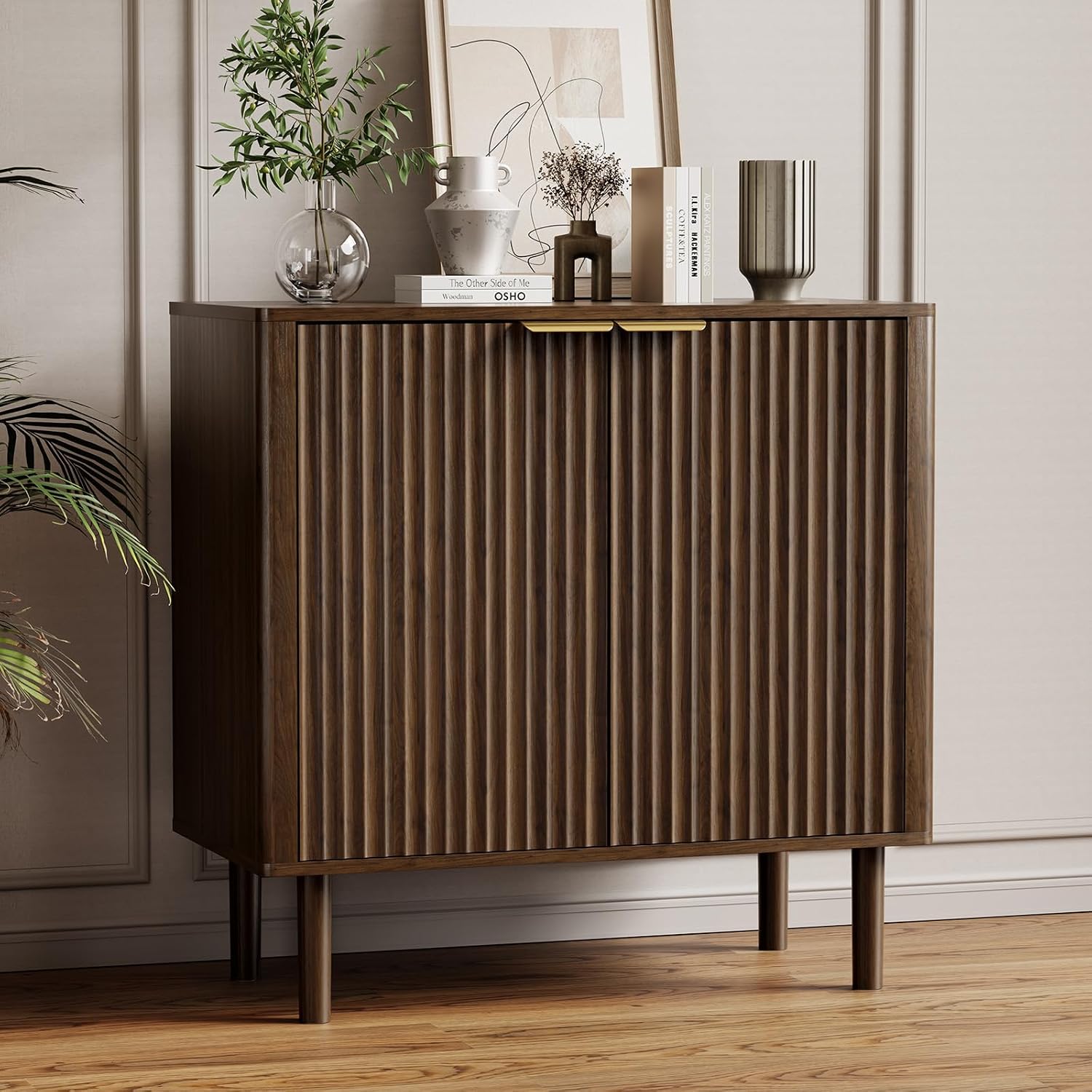 IKALIFE Sideboard Buffet Cabinet with Storage 31.5" Walnut | Modern Fluted Accent Credenza with Doors, Wood Coffee Bar Console Table for Living Room, Dining Room, Kitchen or Entryway