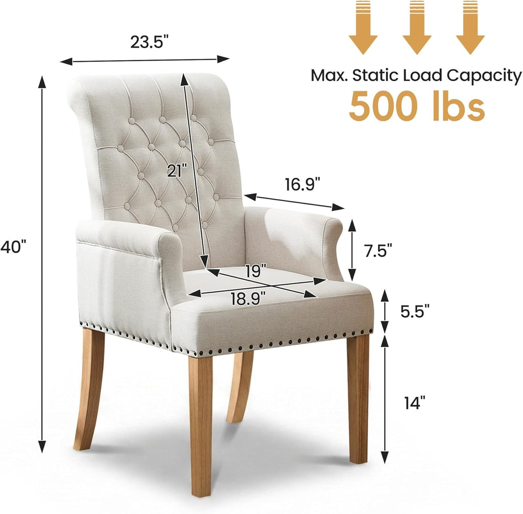Upholstered Dining Chairs, Modern Fabric Dining Room Chairs with Arms, Tufted High Back Armchair with Solid Wood Legs for Dining Living Room, Kitchen, Beige