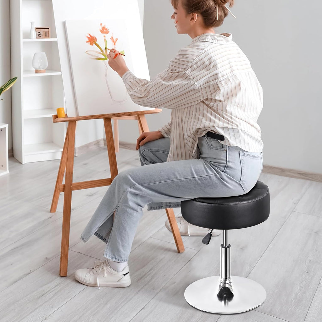 JupiterForce Adjustable Vanity Stool Chair for Makeup, 360° Swivel Makeup Vanity Chair Faux Leather Vanity Stool for Makeup Room, Bathroom and Living Room, Black