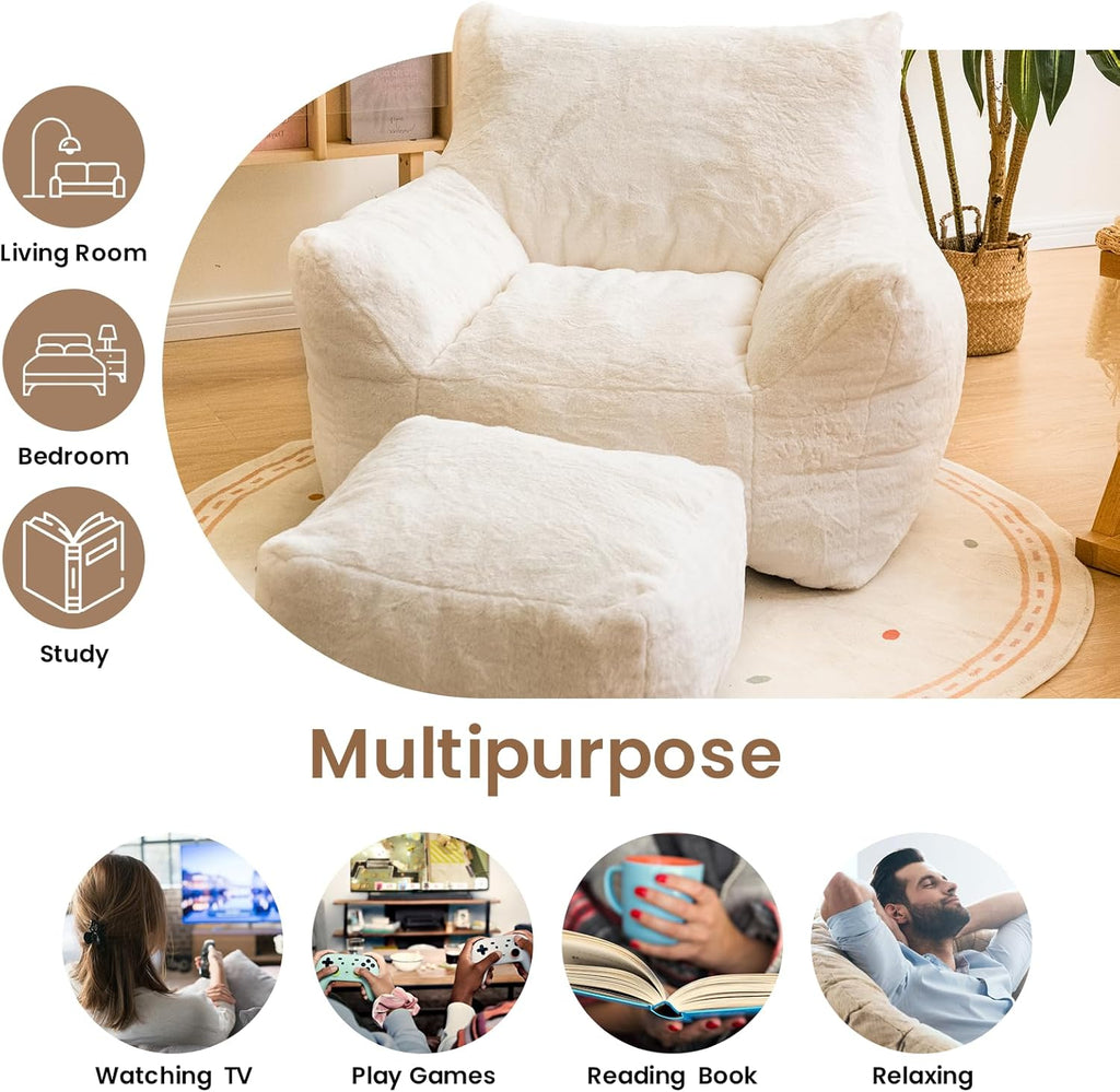Cvortll Bean Bag Chair with Ottoman, Soft Fluffy Faux Fur Beanbag Chairs for Adults with Armrest and Memory Foam Fille, Lazy BeanBag Sofa with Footstool for Living Room, Bedroom, Apartment