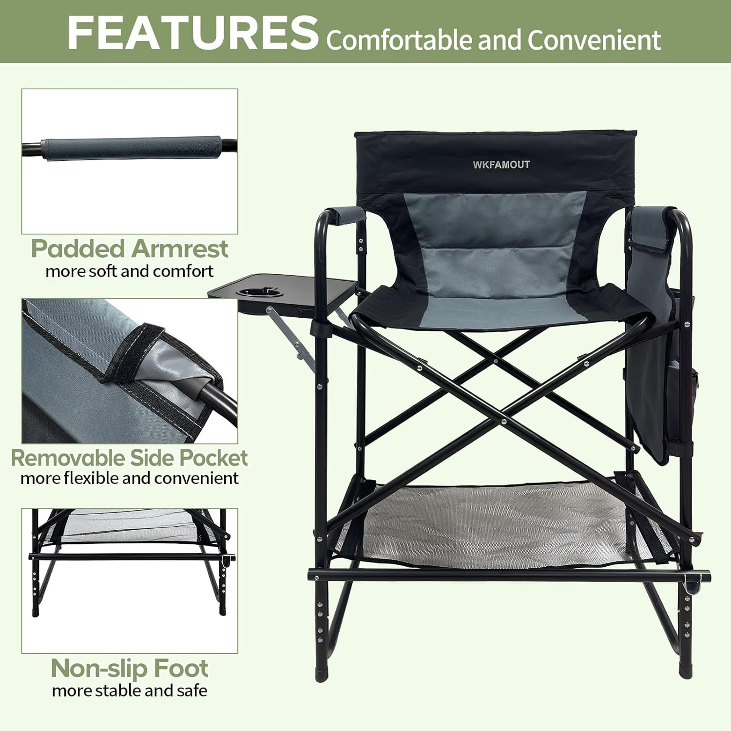 27" Tall Camping Director Chair Oversized with Side Table, Heavy Duty Folding Lawn Chair Outdoor for Makeup Artist, Sports Event, Supports 330LBS