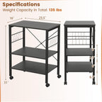 Giantex Kitchen Bakers Rack 3-Tier Microwave Cart on Wheels, Industrial Utility Bar Cart with 10 Hooks Metal Frame Wood Storage Shelves, Rolling Microwave Stand