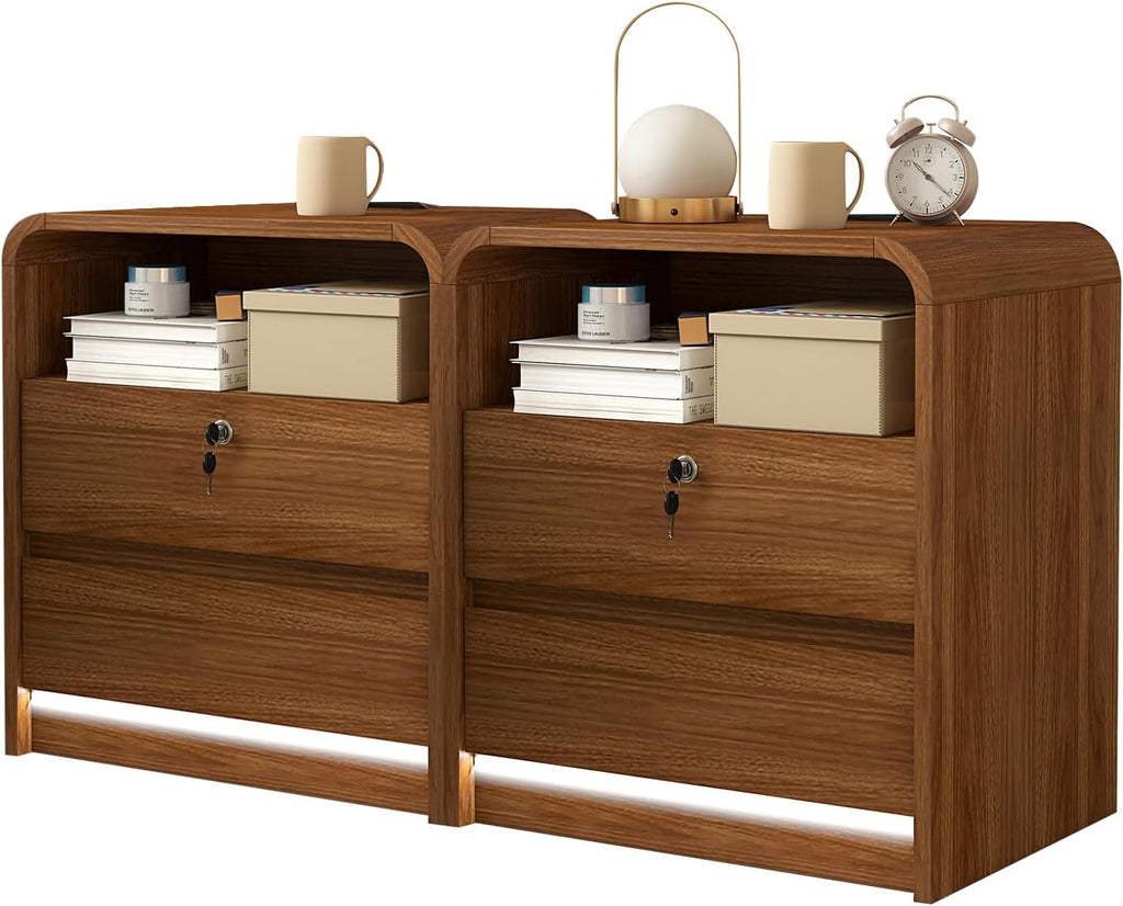 23.6" Walnut Nightstand Set of 2 with Charging Station, Motion-Activated LED Light & Soft Close Lockable Drawer, Anti-Collision Mid Century Modern Bedside Table with 500 LB Capacity & Hidden Storage