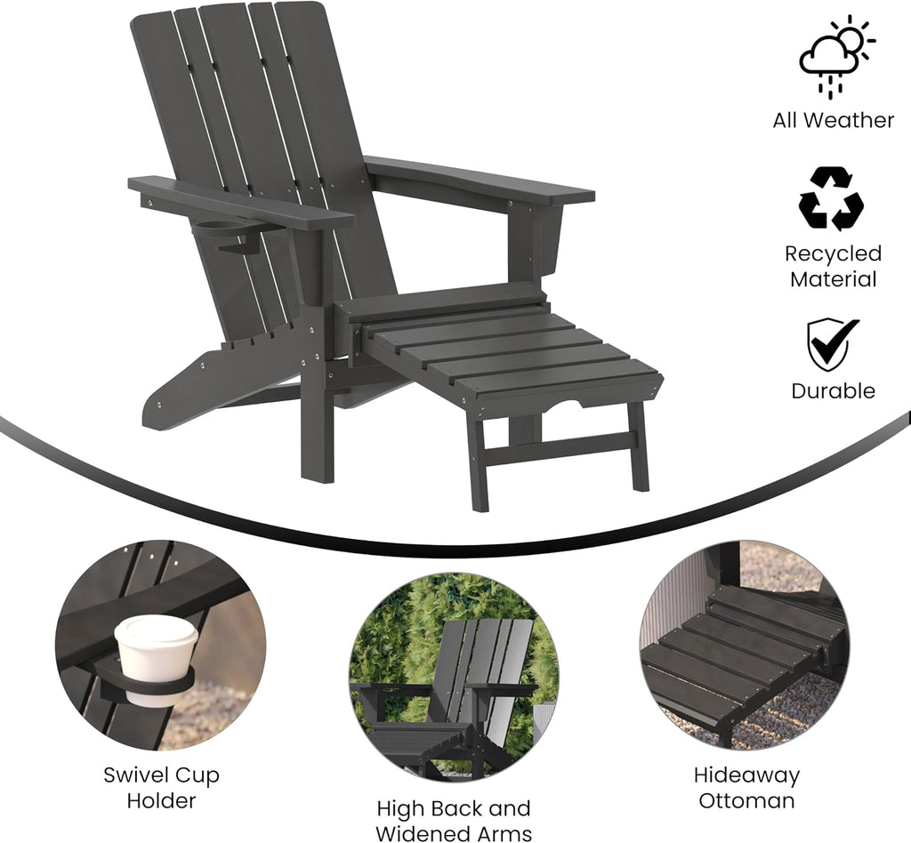 Flash Furniture Halifax Poly Resin Adirondack Chair with Cup Holder and Pull Out Ottoman, All-Weather Poly Resin Indoor/Outdoor Lounge Chair, Gray, Set of 1