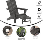 Flash Furniture Halifax Poly Resin Adirondack Chair with Cup Holder and Pull Out Ottoman, All-Weather Poly Resin Indoor/Outdoor Lounge Chair, Gray, Set of 1