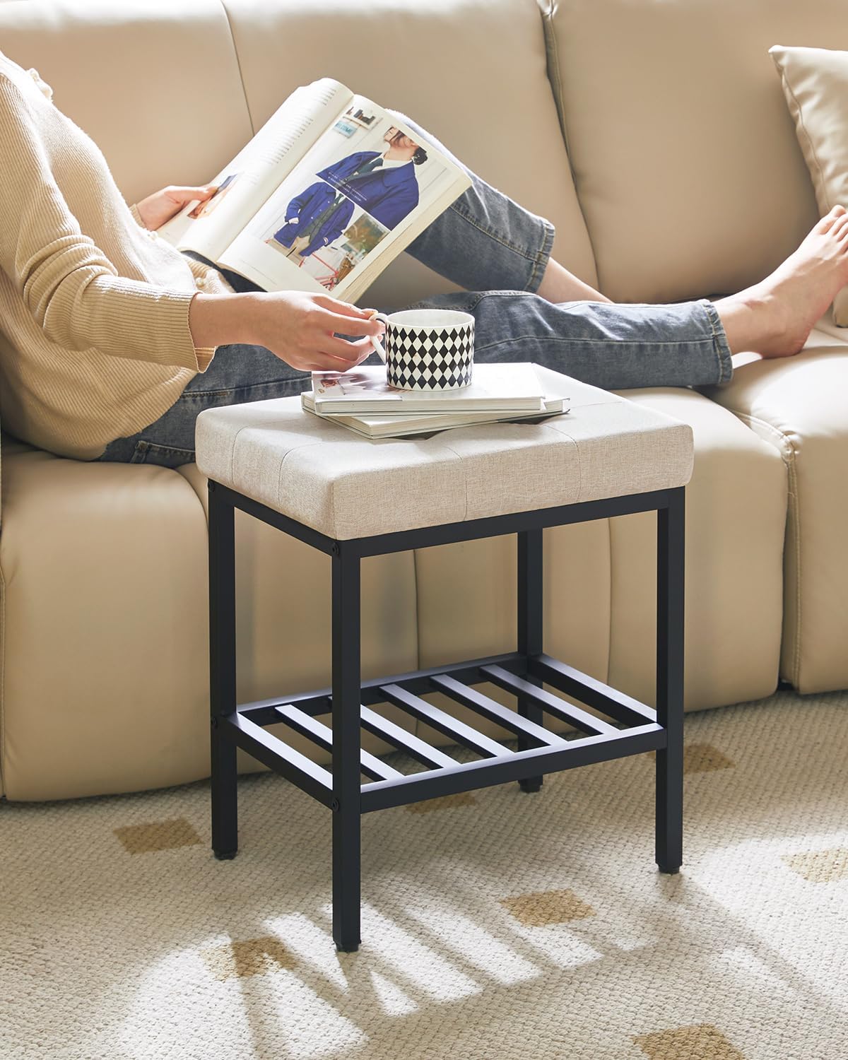 IBUYKE Rectangular Makeup Stool with Adjustable Feet and Storage Space, Footrest Chair, Linen Seat Vanity Stool, Multi-Use as Small Side Table or Ottoman, for Bedroom, Linen WBD017Y