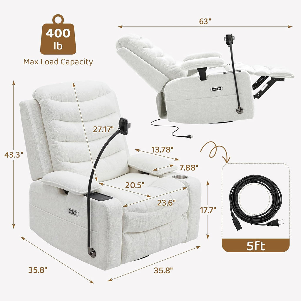Olela Power Glider Recliner Nursery Chair, Swivel Rocking Chair with Electric Lumbar Support, USB Charging, Smart Cup Holder, Light, Adjustable Armrest, Wireless Phone Charger Holder, Chenille