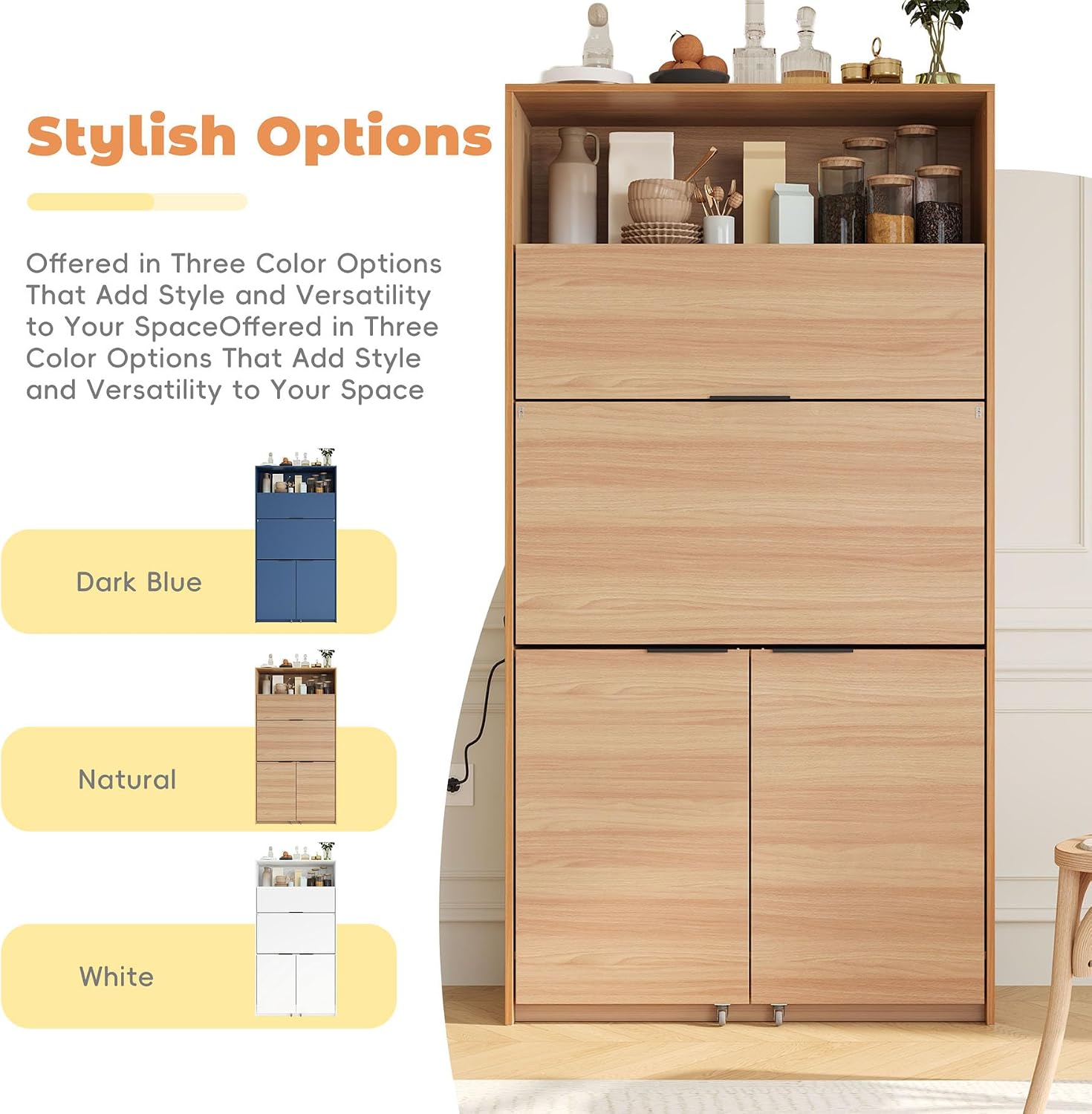 Farmhouse Pantry Cabinet with Foldable Workstation, 69" Tall Buffet with Hutch and Storage, Multifunctional Kitchen Cabinet with Adjustable Shelf and Power Outlet for Dining Room (Natural)