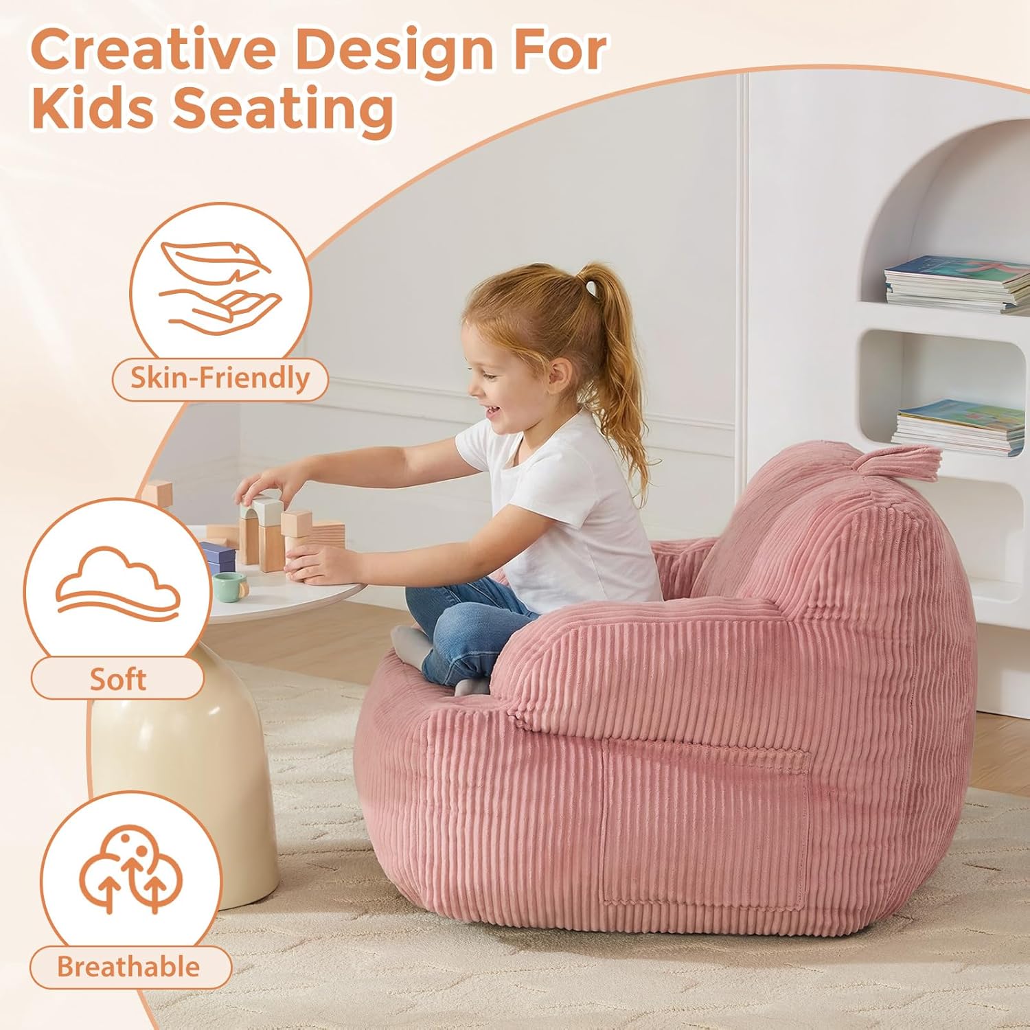 Bean Bag Chairs for Kids with Armrests, Comfy Kids Bean Bag Chair, Stuffed Toddler Bean Bag Sofa for Boys and Girls, Small Bean Bags for with Pocket, Floor Chair for Gaming, Reading & Relaxing, Pink