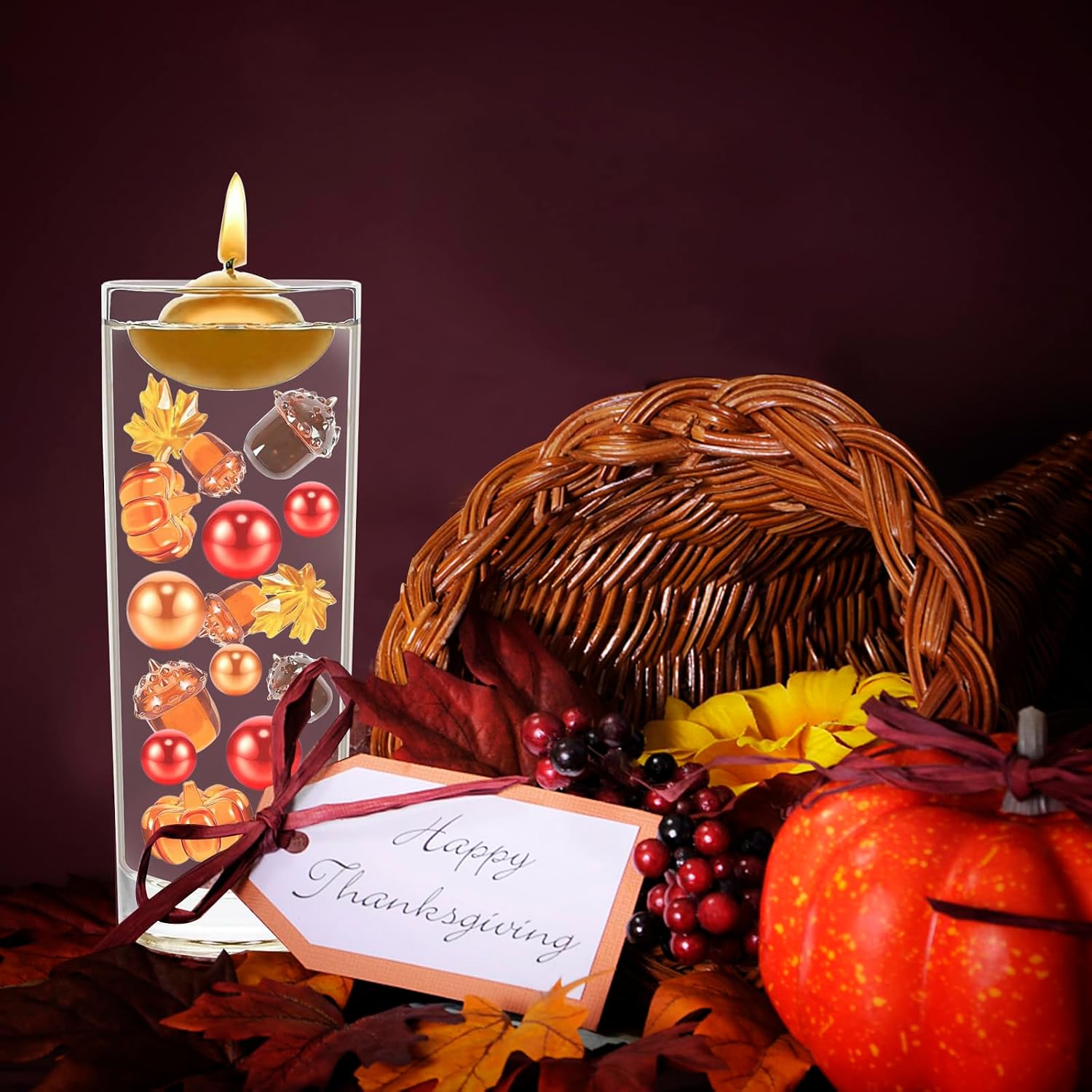 132Pcs Fall Vase Filler Faux Bead Pumpkin Maple Leaves Acorns Thanksgiving Vase Fillers for Centerpieces Thanksgiving Fall Table Party Decoration