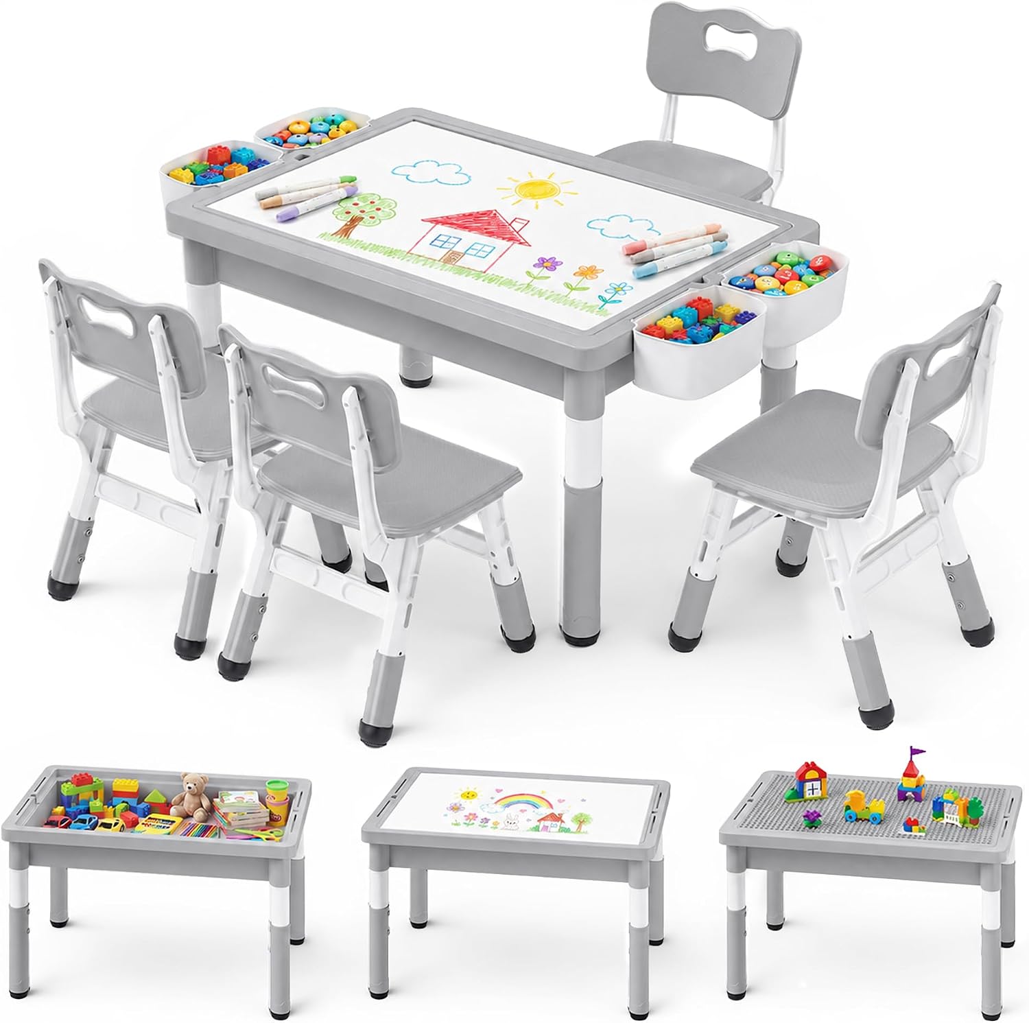 Kids Table and 4 Chairs, 4 in 1 Activity Table w/Reversible Graffiti/Block Building Tabletop, Adjustable Height, Toddler Table and Chair Set with Storage (Gray, 1 Table + 4 Chairs)