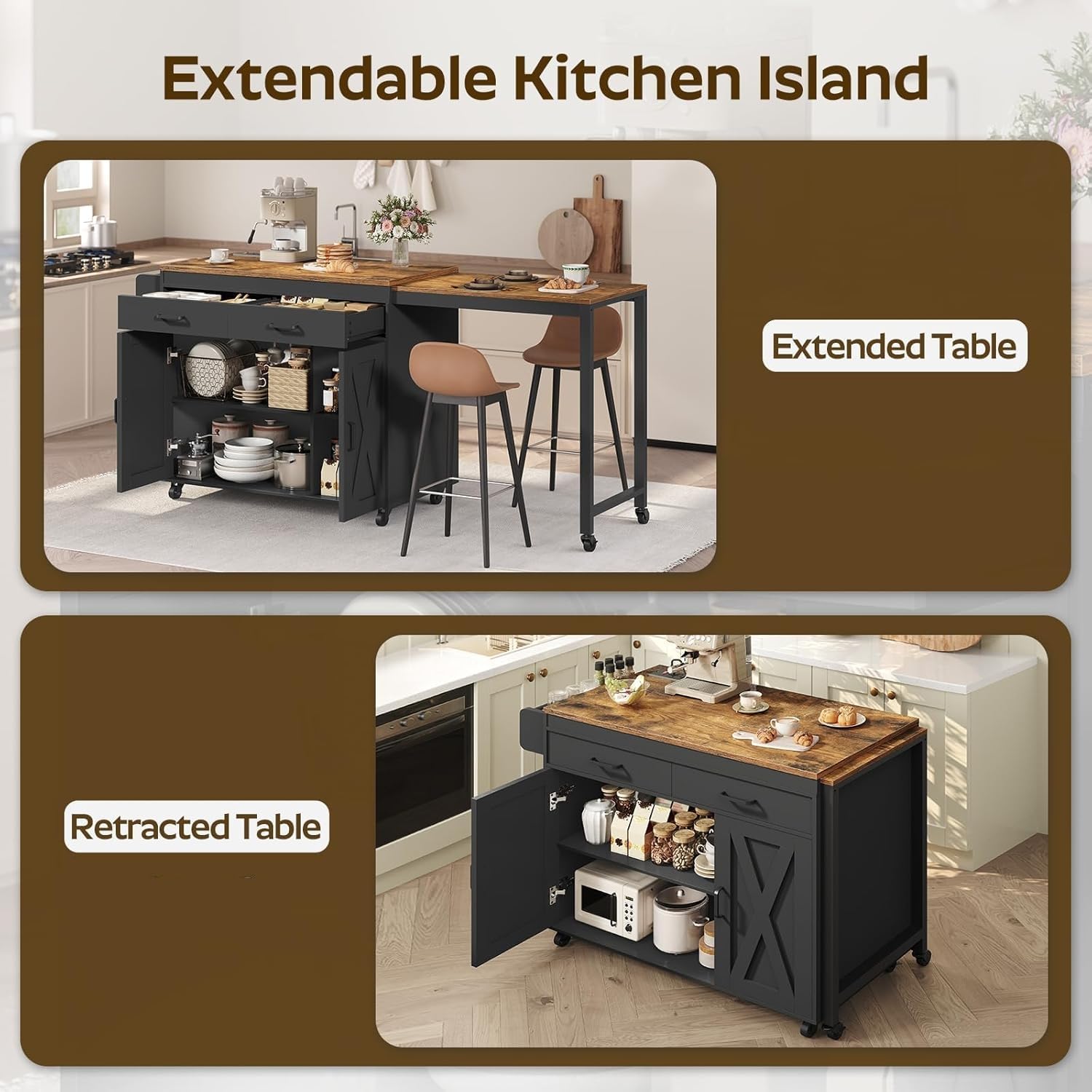 YATINEY Extendable Kitchen Island, Large Mobile Kitchen Storage Island, Rolling Kitchen Cart with Outlets, Island Table for Kitchen, Rustic Brown ZD03UBR