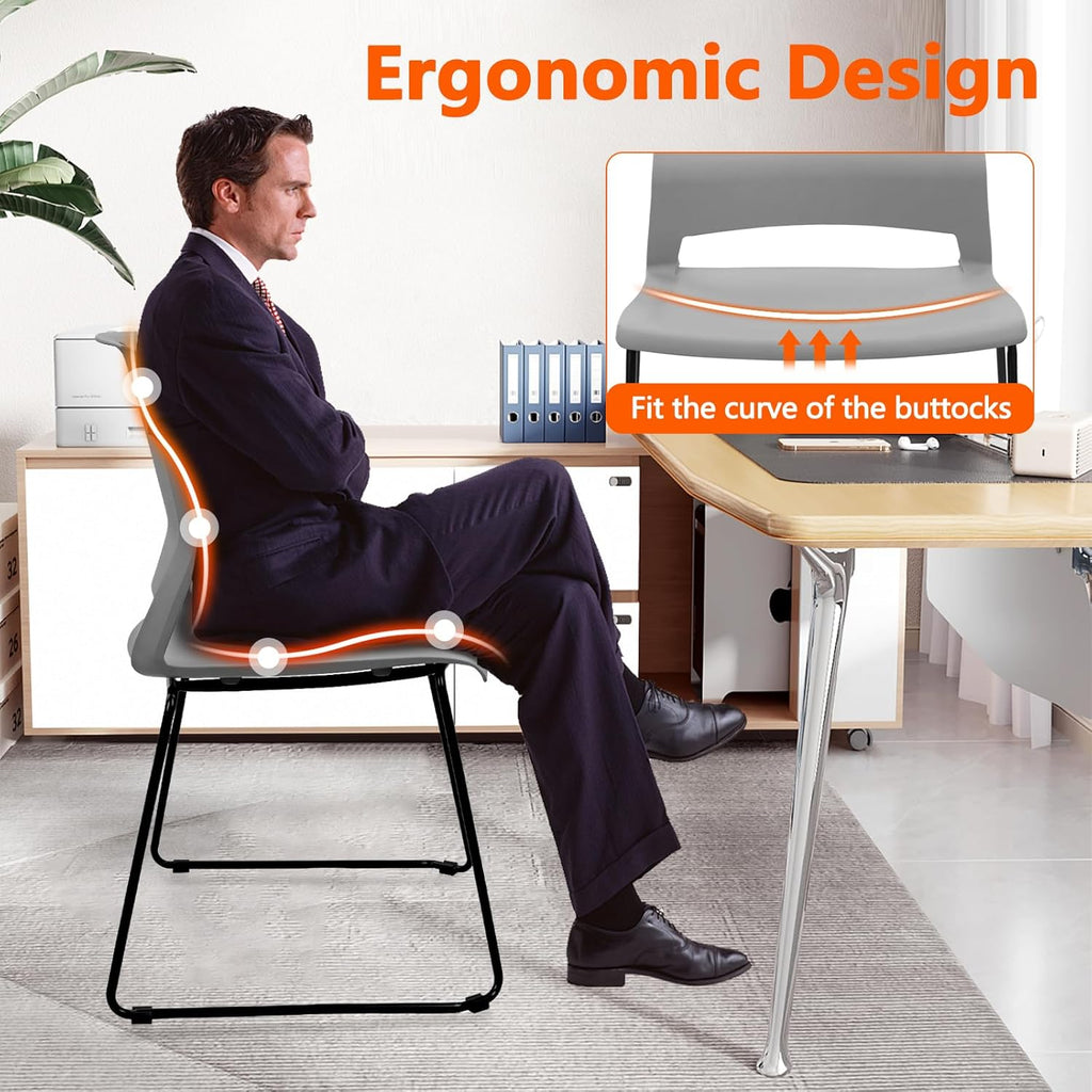 KLASIKA Stackable Guest Reception Chairs, Stacking Office Chair with Ergonomic Lumbar Support & Metal Legs, Plastic Desk Chairs for Conference School Church Waiting Meeting Break Room Set of 8, Gray