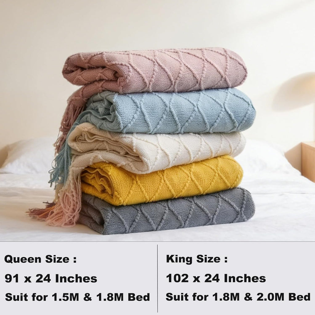 Geometry Bed Runners Queen Size Solid Grey Bed Scarf with Tassel Boho Knit Bed Runner Scarves Decorative for Bedroom Home Hotel (91x24 Inches, 1 Piece)