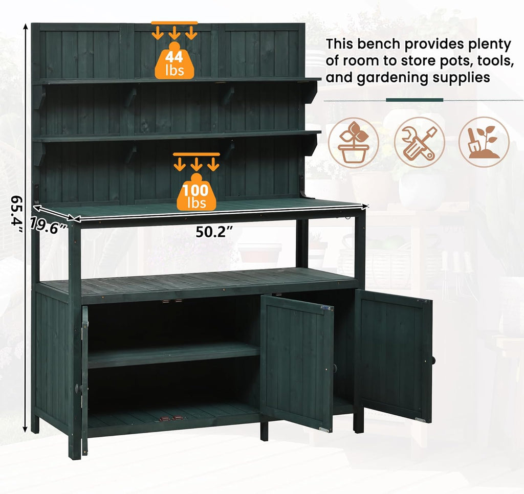 66'' Outdoor Wood Potting Bench Table, Farmhouse Garden Workstation with 2 Shelves, 2 Cabinets & 3 Side Hooks for Backyard, Mudroom, Green