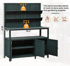66'' Outdoor Wood Potting Bench Table, Farmhouse Garden Workstation with 2 Shelves, 2 Cabinets & 3 Side Hooks for Backyard, Mudroom, Green