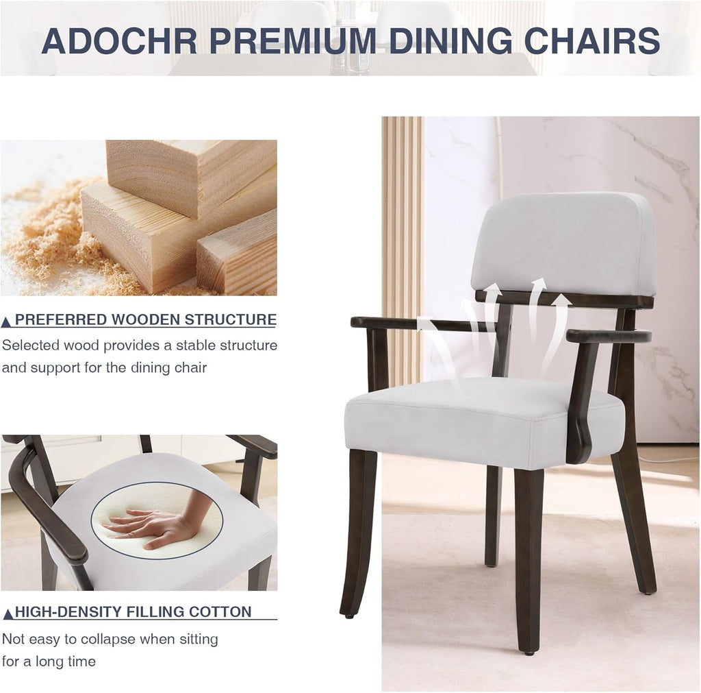 adochr Modern Wood Dining Chairs with Arms, Velvet Upholstered Kitchen Chairs with Hardwood Legs & Open Curved Backrest, Accent Chairs 350 LBS Capacity, Grey