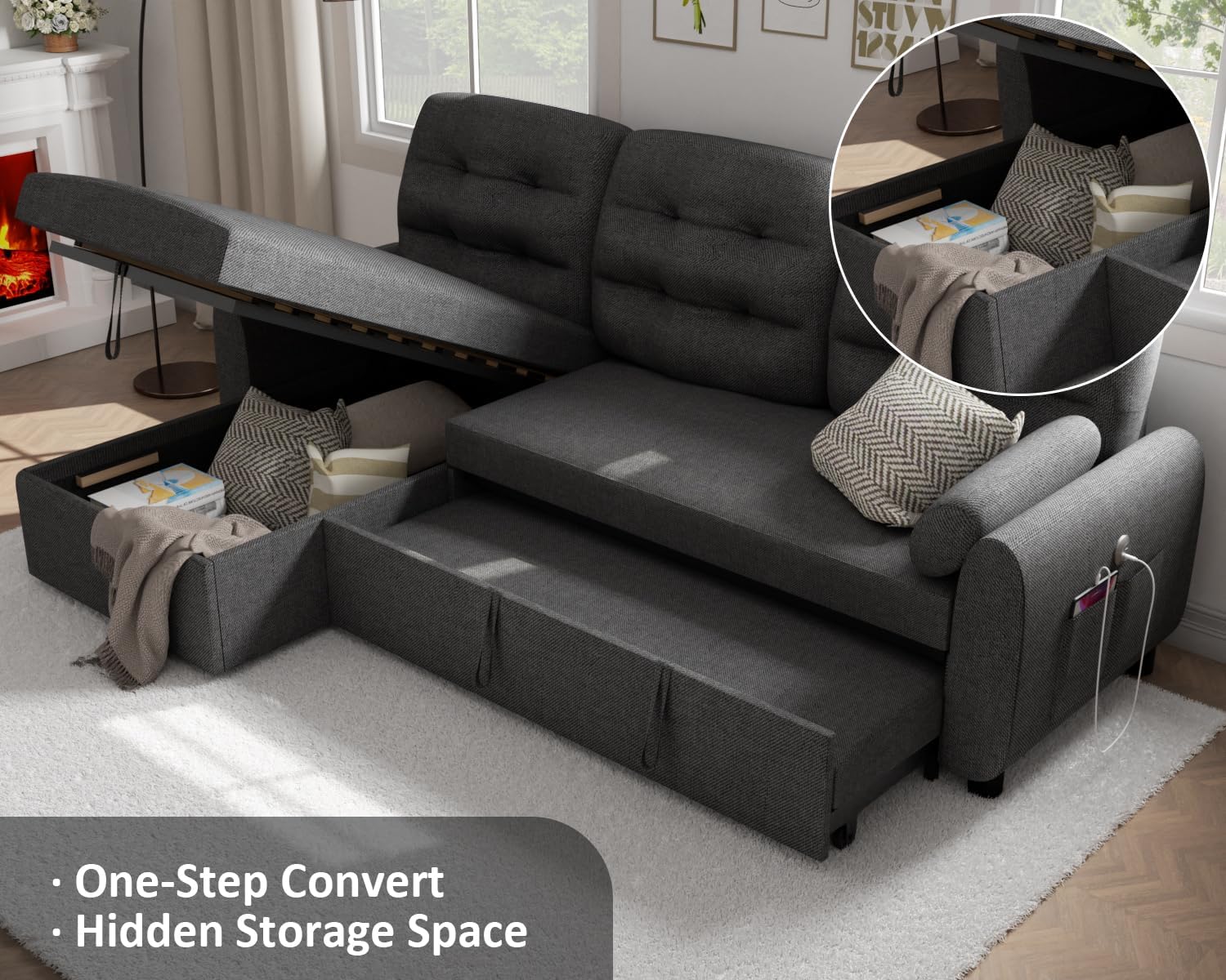 86" Sleeper Sofa Bed, Pull Out Couch Bed with Reversible Storage Chaise, Sectional Couches for Living Room with Side Pocket | Charging Station | Removable Backrest | Prime Linen, Dark Grey