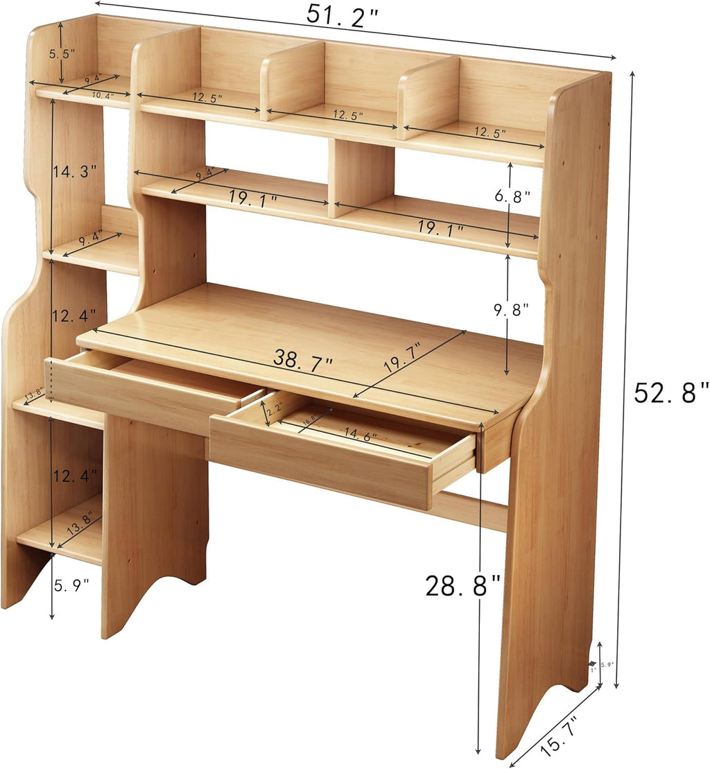 Kids Desk＆Table with Shelves and Drawers Wooden Kids Media Desk Student Learning Computer Workstation and Writing Desk (Natural)