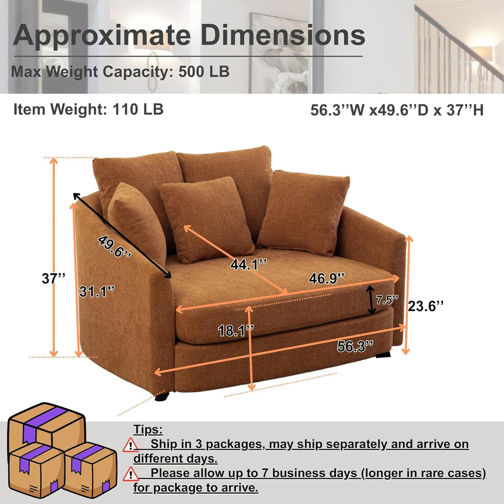 56.3''W Oversized Barrel Chair, Upholstered Accent Chenille Comfy Couch Sofa with 5 Pillows for Apartment, Studio, Bedroom, Living Room, Orange.