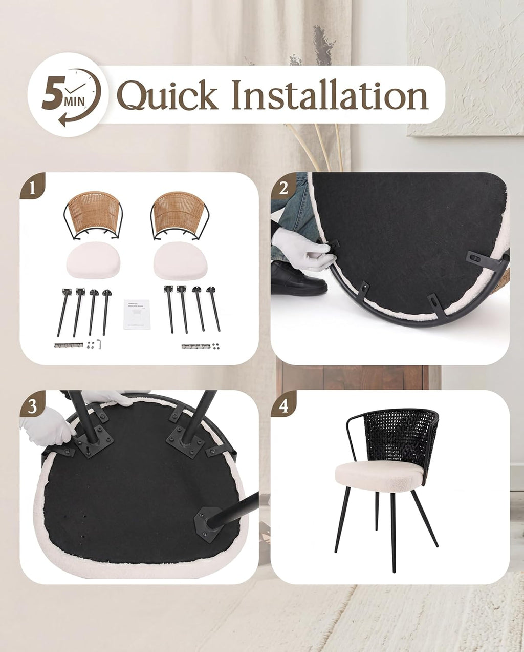 BedsPick Rattan Dining Chairs Set of 4 - Farmhouse Upholstered PE Rattan Kitchen Chair with Boucle Cushion, Wingback Dining Room Seat with Open-weave Cane Back and Metal Legs for Home, Kitchen (Brown)