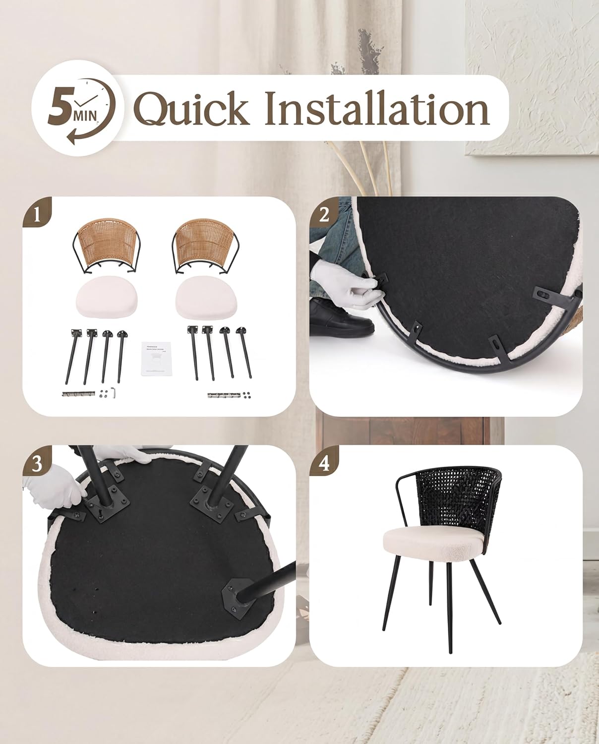 BedsPick Rattan Dining Chairs Set of 4 - Farmhouse Upholstered PE Rattan Kitchen Chair with Boucle Cushion, Wingback Dining Room Seat with Open-weave Cane Back and Metal Legs for Home, Kitchen (Brown)