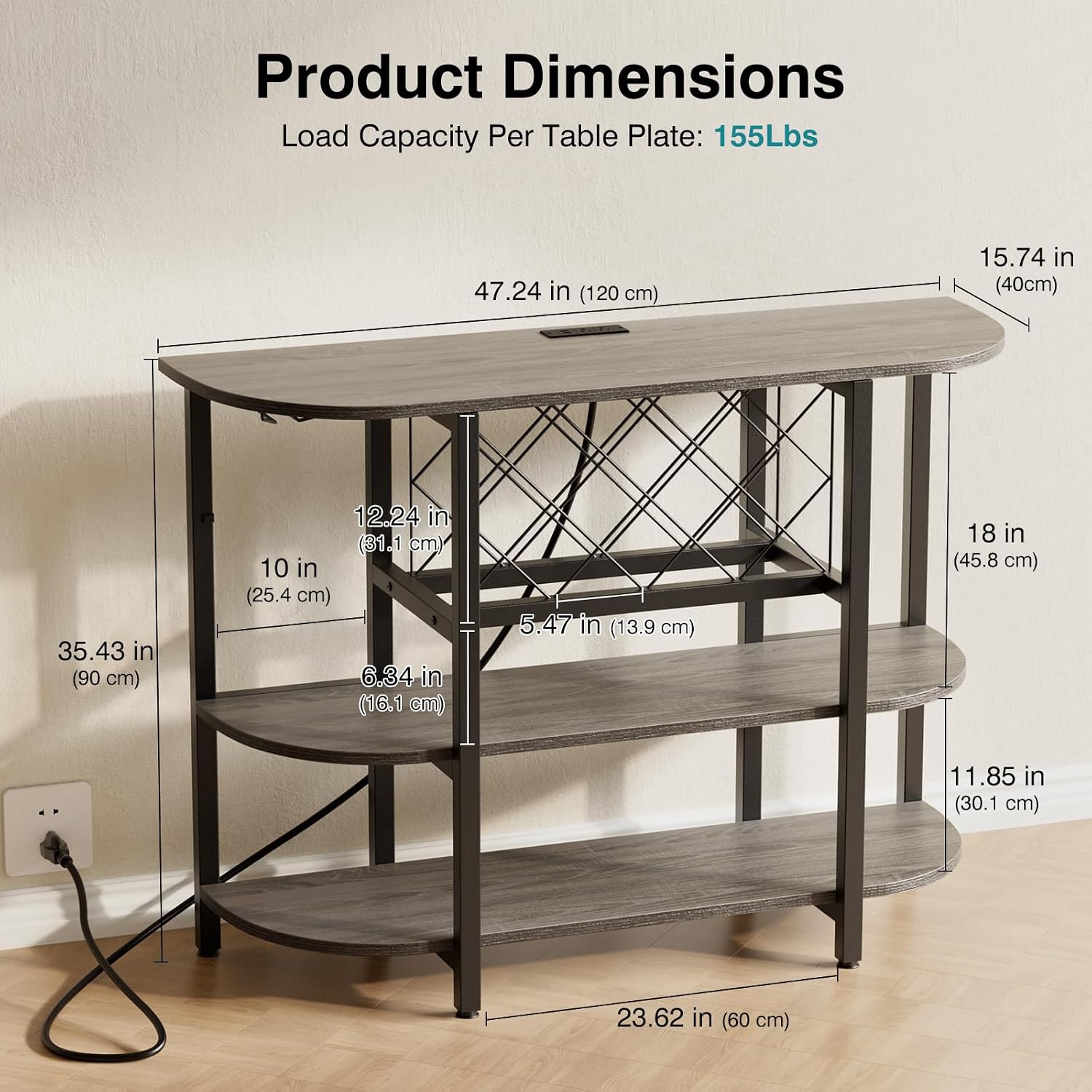 DUMOS Bar Cart with Power Outlet, LED Home Bar Cabinet with Storage, Metal Small Liquor Cabinet with Glasses & Wine Bottle Holder, Grey, 47.24" L x 15.74" D x 35.43" H
