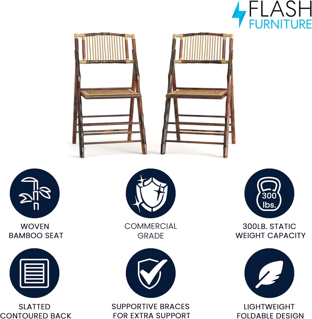 Flash Furniture Folding Bohemian Bamboo Chairs with Curved Backs, Modern Bamboo Folding Dining Chairs, 300 lb. Static Weight Capacity, Set of 2
