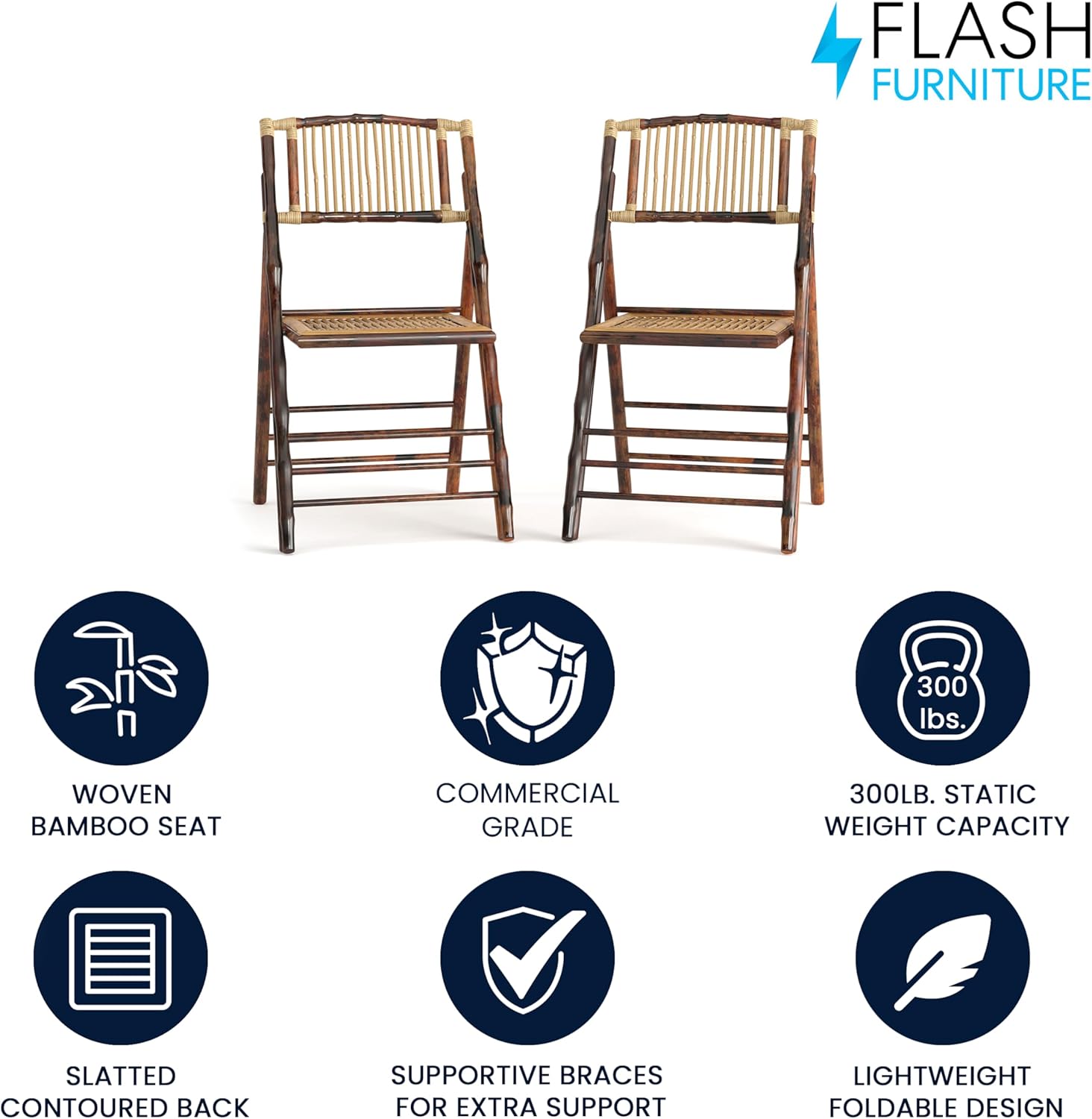 Flash Furniture Folding Bohemian Bamboo Chairs with Curved Backs, Modern Bamboo Folding Dining Chairs, 300 lb. Static Weight Capacity, Set of 2