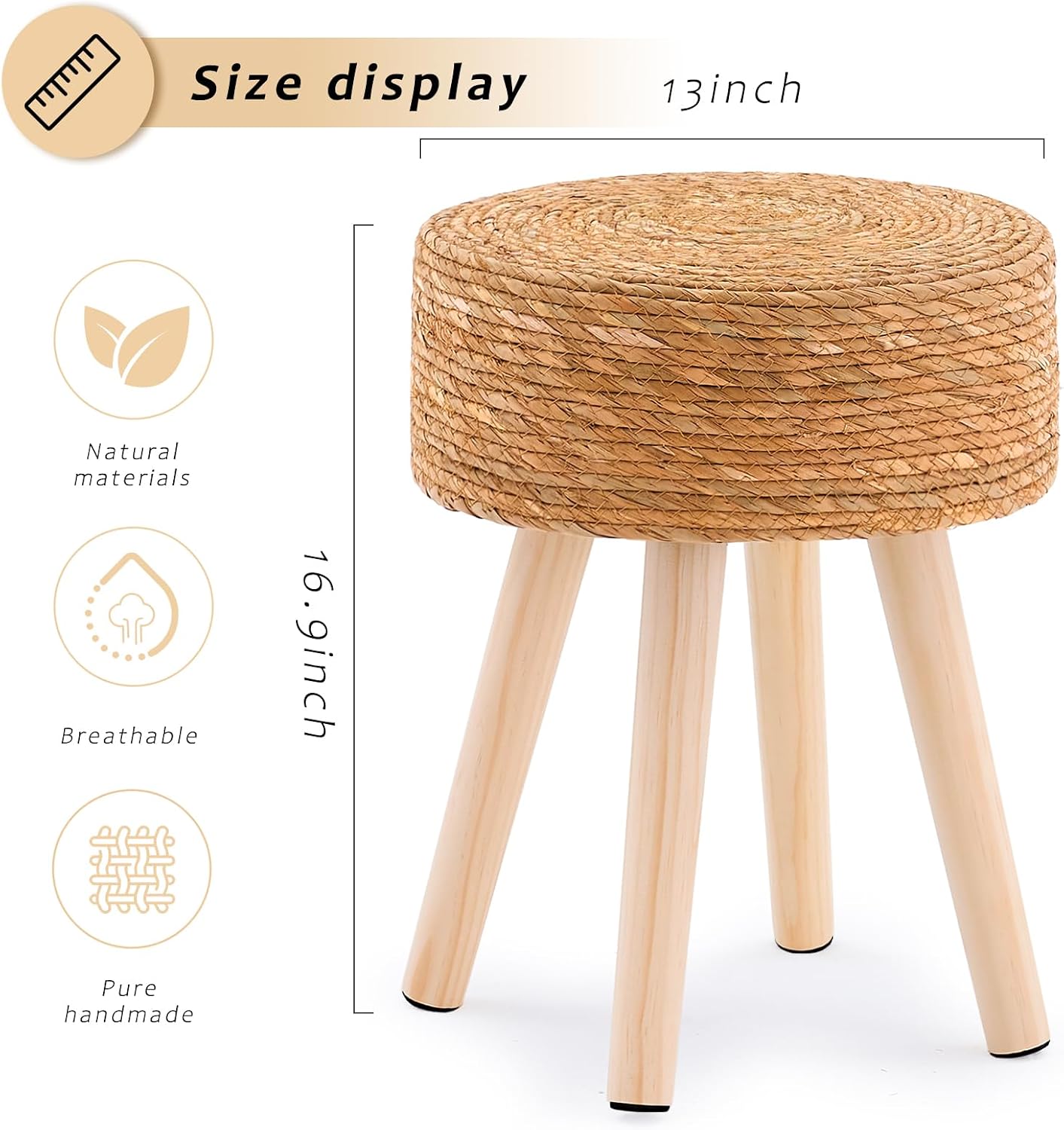Handwoven Outdoor Ottoman, Water Hyacinth Pouf Round Patio Footstool with Wood Legs, 17-Inch Multipurpose Vanity Stool, Dining Chair, Patio Footrest for Balcony and Garden, Natural