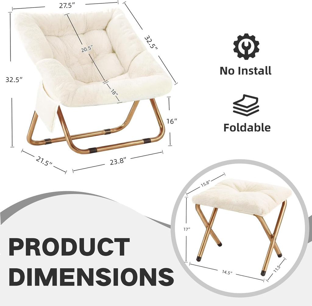 Comfy Saucer Chair for Adults, Foldable Living Room Chairs, Soft Faux Fur Lounge Chair for Bedroom, Reading Chairs, X-Large (Ottoman-White)