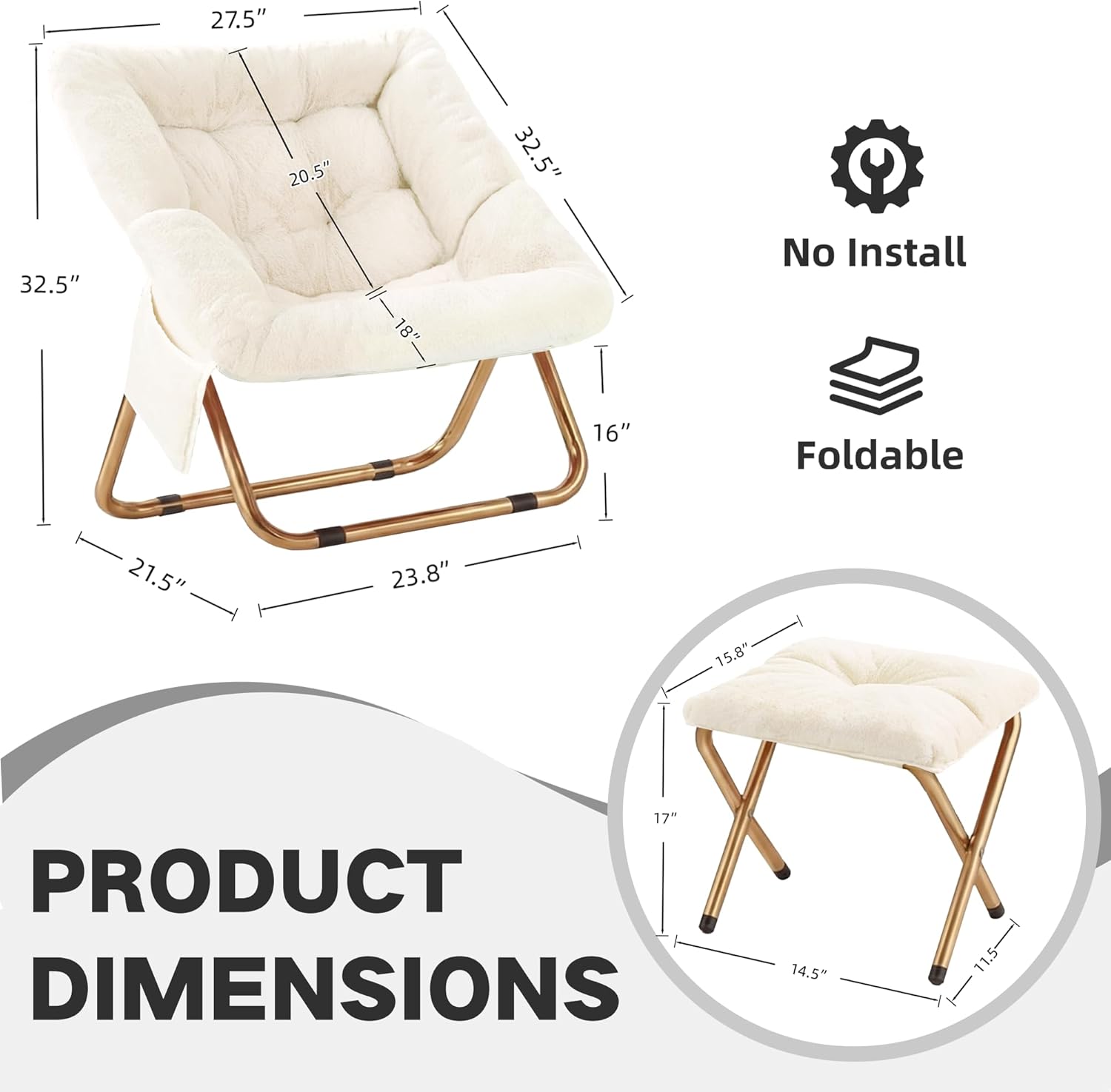 Comfy Saucer Chair for Adults, Foldable Living Room Chairs, Soft Faux Fur Lounge Chair for Bedroom, Reading Chairs, X-Large (Ottoman-White)