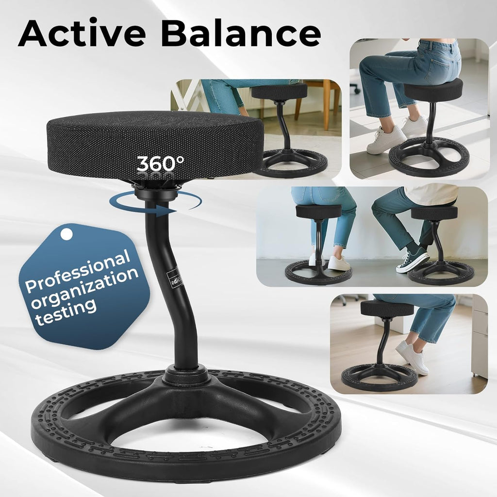 Fitness Seat, ADHD Chair Stool, Stability, Balance, Yoga, Ergonomic Health Stool with Non-Slip Base and Washable Seat Cover - Black (Black, 19″)