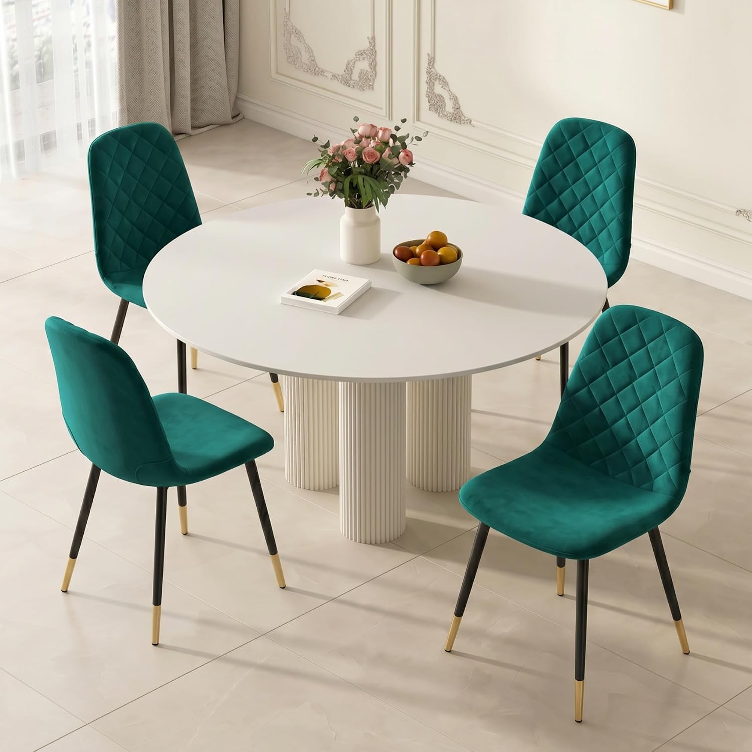 Velvet Green Dining Chairs Set of 4 - Upholstered Kitchen & Dining Room Chairs with Metal Legs, Mid-Century Modern Chairs for Living Room Dining Room Kitchen Bedroom
