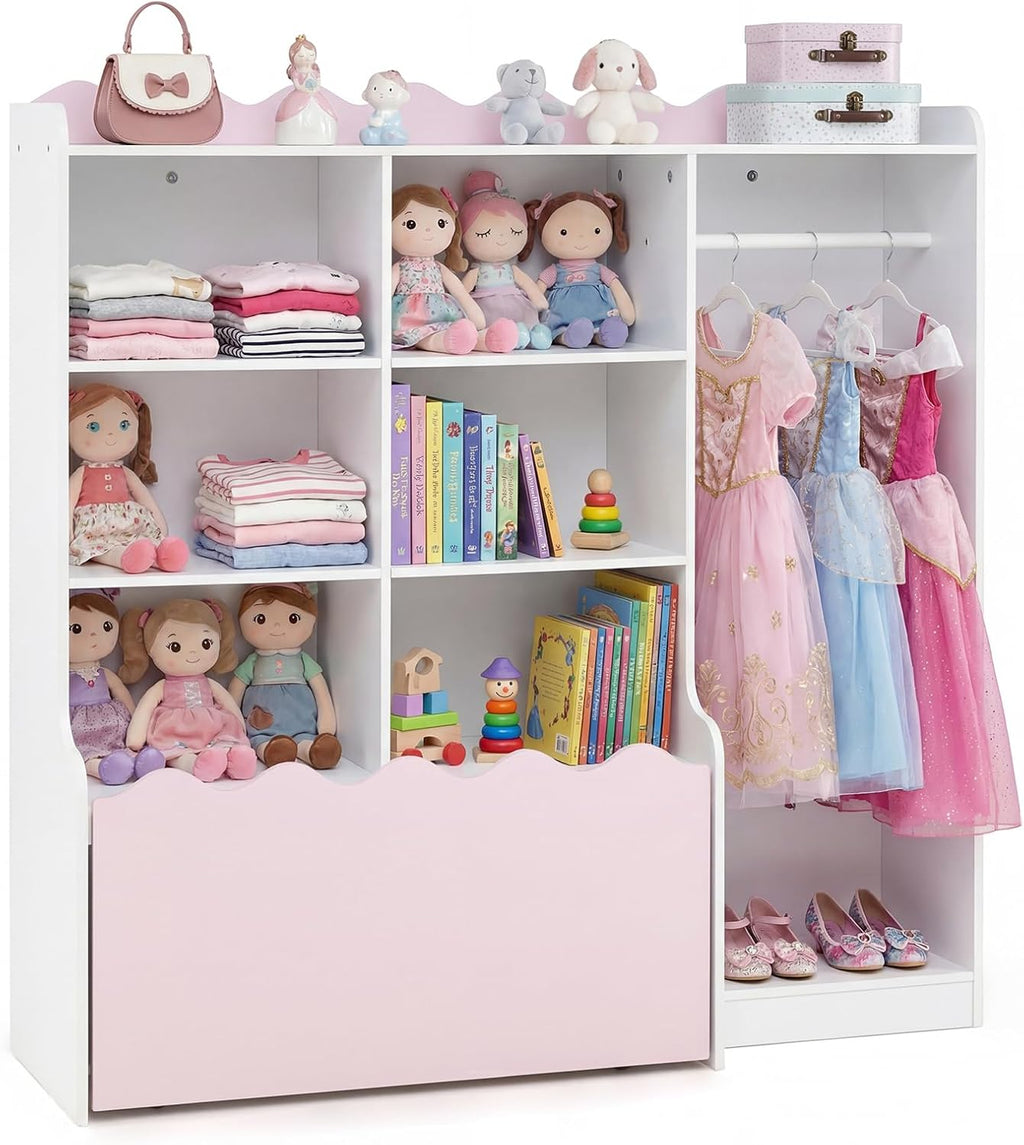 Costzon 2 in 1 Kids Toy Storage Organizer, Dress up Closet Wardrobe w/Clothing Rack, 6 Cubes & Movable Drawer, Multifunctional Kids Bookshelf Storage Chest for Kids Room, Playroom, Nursery