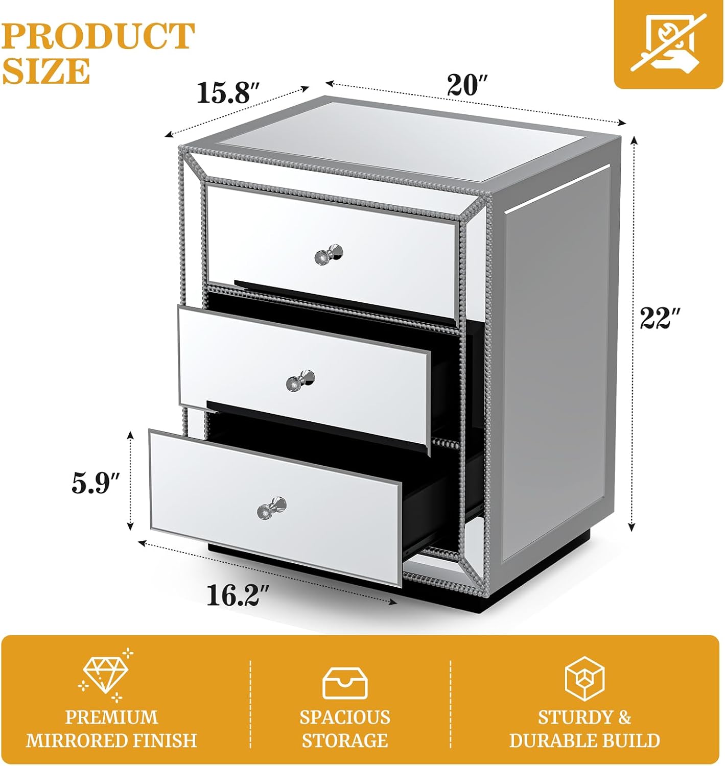 IKIFLY Mirrored Nightstand with 3 Drawers, Silver End Table with Crystal Handles, Modern Bedside Table for Living Room, Bedroom