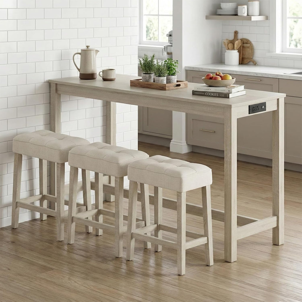 COSTWAY 4-Piece Breakfast Nook Bar Set with Built-in Charging Station, Counter Height Table with 3 Stools, Farmhouse Dining Room Table & Chairs with Wooden Frame & Cushioned Seat for Kitchen, Gray