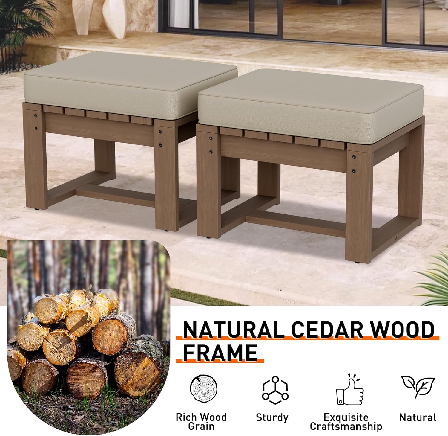 Rustic Hideaway Natural Cedar Wood Ottoman Foot Rest, Patio Foot Stools Ottomans with Removable Cushions, Outdoor Real Wood Footrest, 2 Pieces, Brownish/Beige