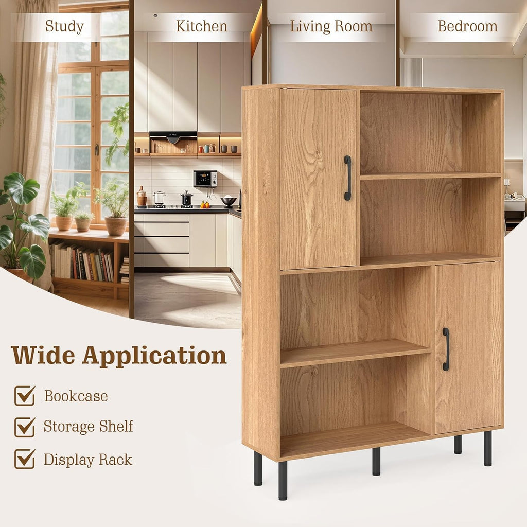 Giantex 47-Inches Storage Cabinet with Doors, Open Shelves, Anti-Tipping Device, 4-Tier Bookcase for Books & Photos, Tall Cupboard, Floor Cabinet for Living Room, Kitchen Buffet Sideboard (Natural)