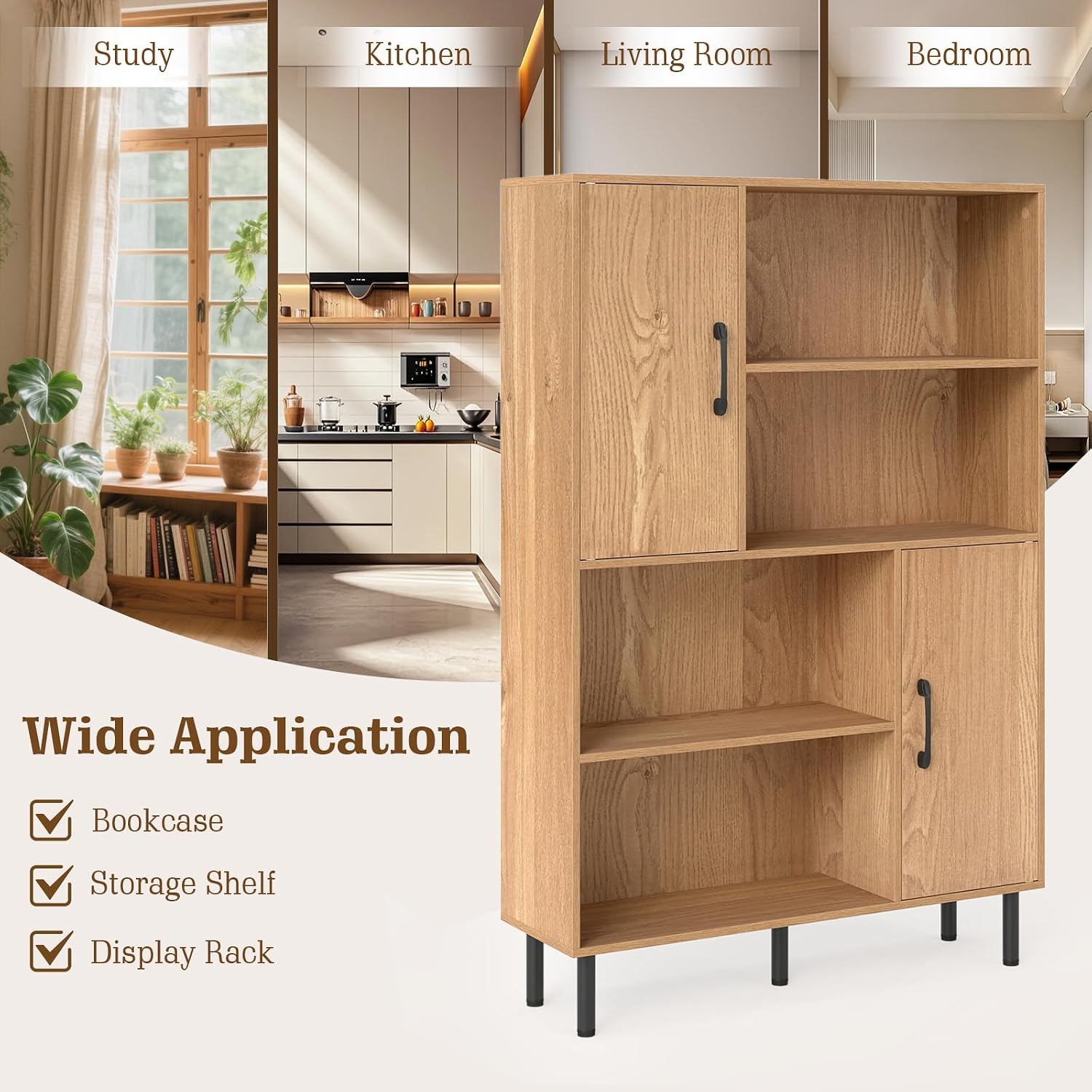 Giantex 47-Inches Storage Cabinet with Doors, Open Shelves, Anti-Tipping Device, 4-Tier Bookcase for Books & Photos, Tall Cupboard, Floor Cabinet for Living Room, Kitchen Buffet Sideboard (Natural)