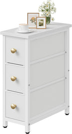 CHOEZON Narrow Side Table with 3 Fabric Drawers, Industrial Slim Bedside Table for Small Spaces, Bedroom, Living Room, Dormitory, White TBZ09WB