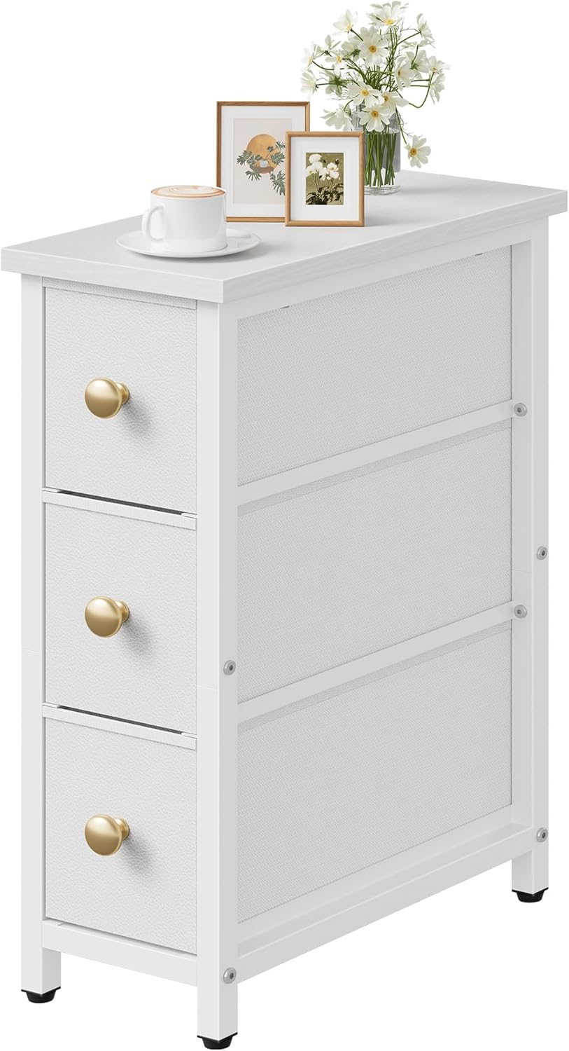 CHOEZON Narrow Side Table with 3 Fabric Drawers, Industrial Slim Bedside Table for Small Spaces, Bedroom, Living Room, Dormitory, White TBZ09WB